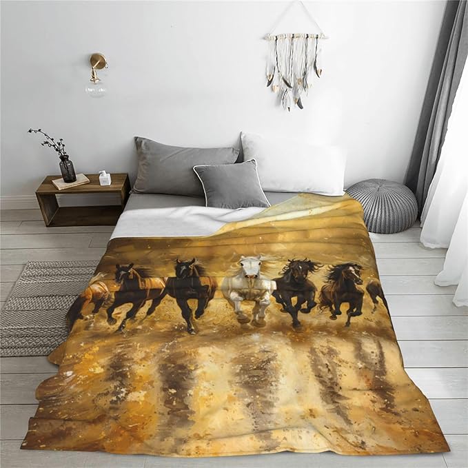 Horse Blanket 7 Lucky Running Wild Horses Decor Throw Blanket Comfy Plush Flannel Fleece Warm Soft Fluffy Fuzzy Blanket Western White Horse Gifts for Girls Boys Women Teens for Bed Sofa Couch 60"X80"