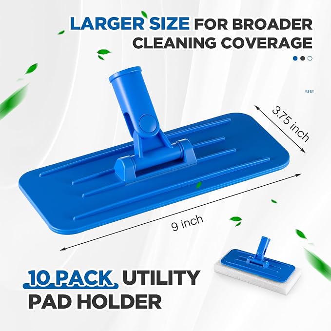 Maxdot 10 Pack Utility Pad Holder 9" x 3.75" Threaded Swivel Universal Cleaning Scrub Pad Holder for 4.5" x 10" Multipurpose Cleaning Brush Mat Compatible with Threaded Handles, Blue