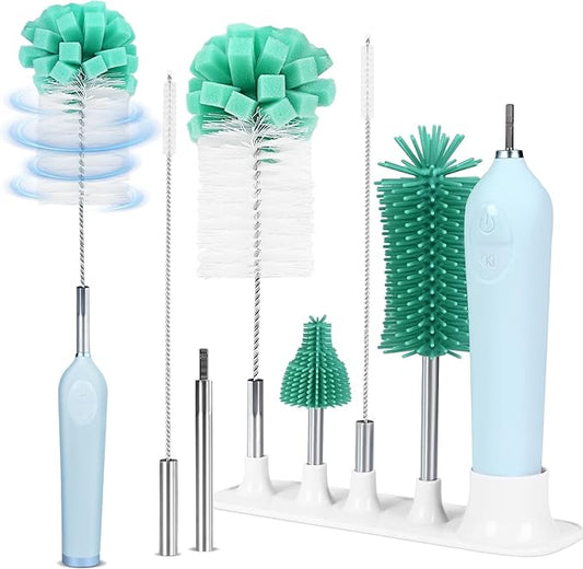 Electric Bottle Brush Cleaner with Holder, Rechargeable Automatic Water Bottle Cleaner with Stainless Steel Extension Handle, Extra Long Water Bottle Brush,Nipple Brush, Straw Cleaner Brush,