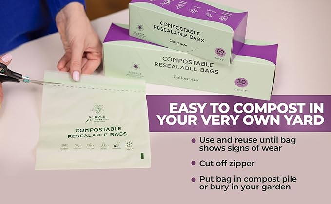 100% Certified Compostable Quart & Gallon Bags (30+50 Counts), Resealable BioBased Bags, Leak Proof And Freezer Safe, Extra Strength Storage Bags, Also Available in Snack & Sandwich Size | Biobased, Leak-Proof, Durable, Freezer-Safe, Extra Strong