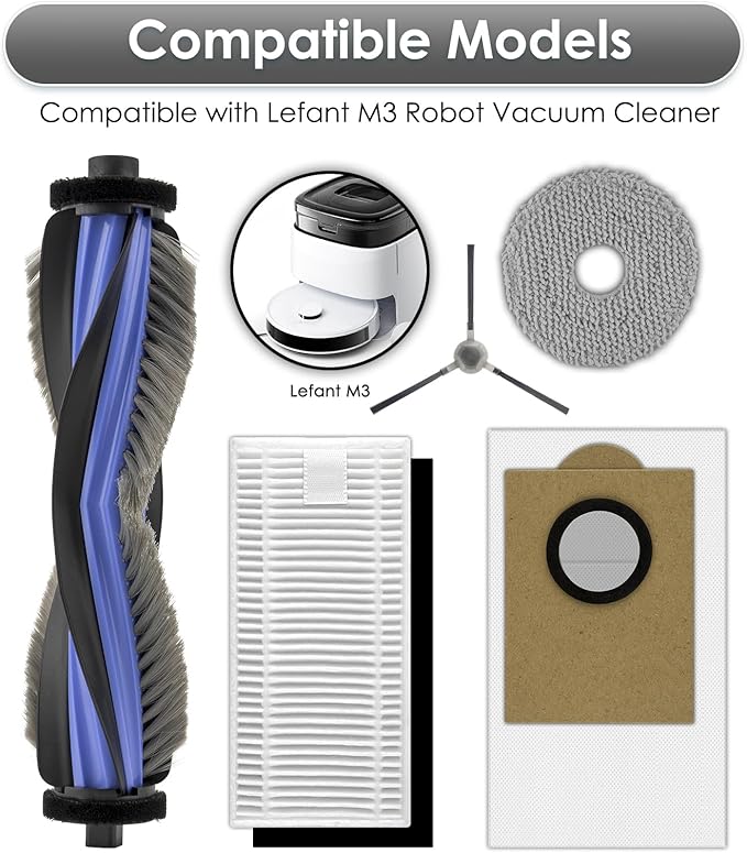 (27 Pack) M3 Replacement Parts Compatible with Lefant M3 Robot Vacuum Cleaner, 1 Roller Brush, 8 Side Brushes, 7 Dust Bags, 7 HEPA Filters with Foam Filters, 4 Mop Pads, Accessories Kit