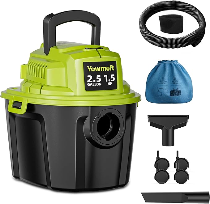 YWDV25B 2.5 Gallon Small Shop Vac 1.5 Peak HP Mini Wet Dry Vac with Blowing Function, 15Ft of Cleaning Reach, 3 in 1 Portable Compact Shop Vacuum for Hose and Attachments for Home Floor/Car/Garage