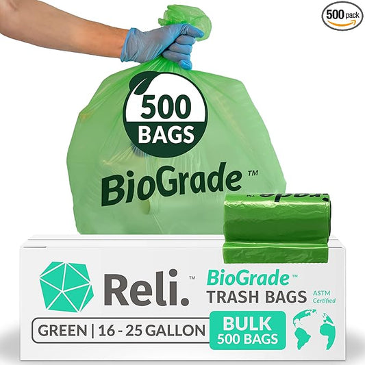 Reli. Biodegradable 16-25 Gallon Trash Bags | 500 Count Bulk | ASTM D6954 | Green | Eco-Friendly | Oxobiodegradable Under Certain Conditions (See Product Description)