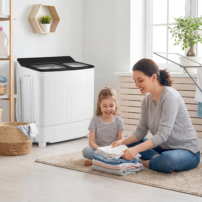 Giantex Portable Washing Machine, 18LBS Twin Tub Mini Compact Laundry Washer Spinner Combo with Drain Pump, 11Lbs Washer and 7Lbs Spinner for Apartments, RVs, Dorms, Black+White