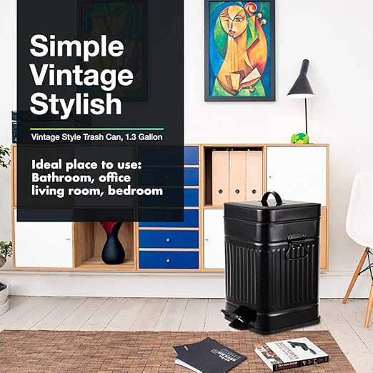 Bathroom Trash Can with Lid, Small Garbage Bin for Home Bedroom, Retro Step Wastebasket with Soft Close, Vintage Metal Office Trash Can, 5 Liter/ 1.3 Gallon, Glossy Black