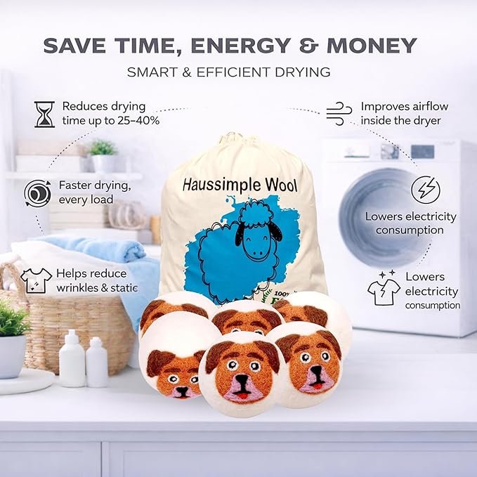 Wool Dryer Balls 6-Pack 100% Natural New Zealand Wool, Handmade in Nepal Reusable Laundry Balls, Faster Drying, Softer Clothes, Anti-Static, Dryer Sheets Alternative (Orange Dog)