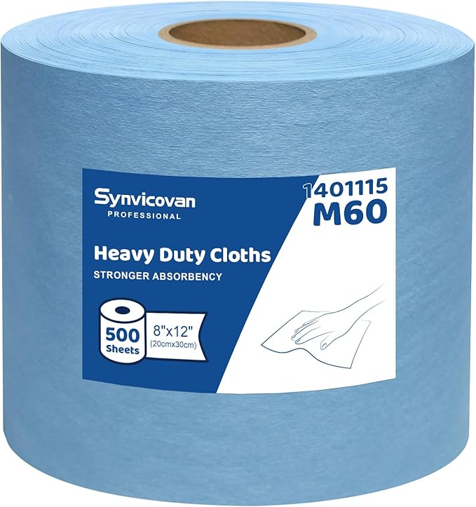 Jumbo Roll Industrial Cleaning Wipes, Super Absorbent Heavy Duty Cloths, Blue (1 Roll of 500 Sheets, 12"x 8" Each Sheet)