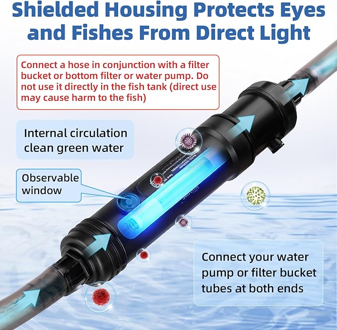 hygger 7W Aquarium U-V Light with Timer, 360° Protective Shield Clean Light for Crystal Clear Green Water, Submersible Fish Tank Cleaner for 30–70 Gallon Freshwater & Saltwater Aquariums