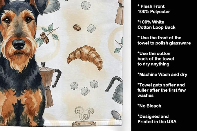 Caroline's Treasures Airedale Terrier Coffee Bar Kitchen Towel Velour Plush Front and Cotton Loop Back Machine Washable