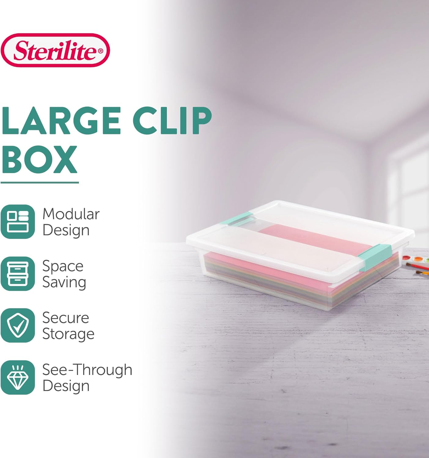 Sterilite 12-Pack Clip Box, Stackable Clear Plastic Bins with Latching Lids, Large - Writing, Arts or Crafts Supplies Storage Containers for Home, Office, Classroom and Workshop Organization