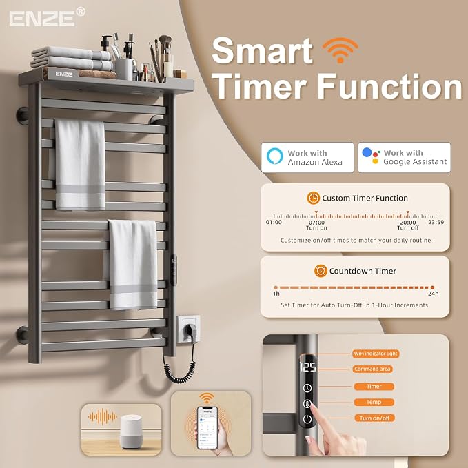 ENZE Smart Heated Towel Rack, 11-Bar Wall-Mounted Electric Towel Warmer with Shelf, Wi-Fi App Control, Adjustable Temperature & 24H Timer, Low Carbon Steel, IPX5, Plug-in/Hardwired, Gray