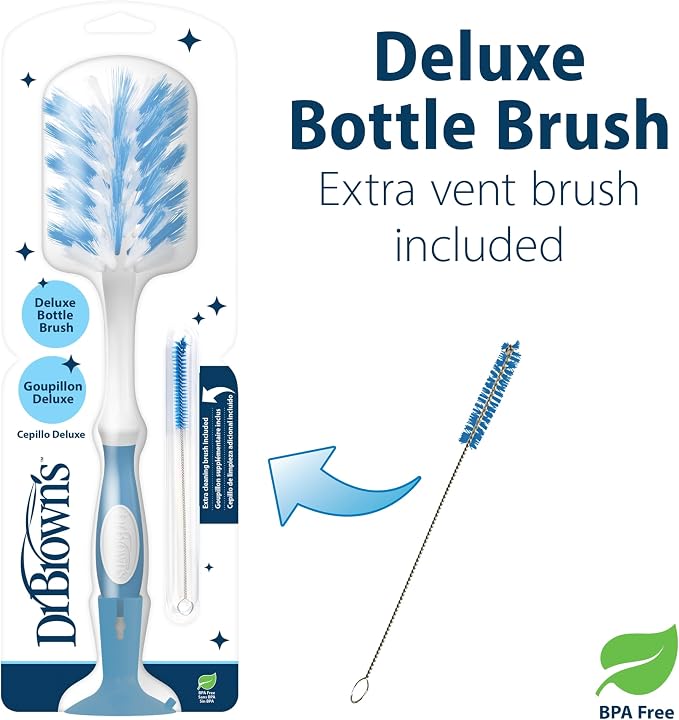 Dr. Brown's Deluxe Bottle Brush for Cleaning Baby Bottles, Nipples, and Sippy Cups with Suction Cup Stand and Vent Brush, BPA-Free, Blue, 1-Pack (Packaging and Color May Vary)