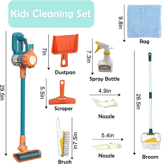 Kids Vacuum that Really Works 9Pcs Aged 3+ Kid Cleaning Set for Toddlers Toy Cleaner Kids Broom and Dustpan Set Scrub Brushes Baby Boy Girl Gifts ( 950Blue)