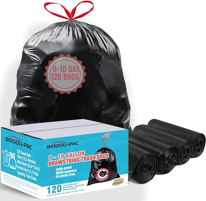 BEIDOU-PAC 8-10 Gallon Trash Bags Drawstring, 120 Count Bulk, Black & Unscented Multi-purpose Garbage Bags for Business Home Bathroom Kitchen Commercial and Industrial