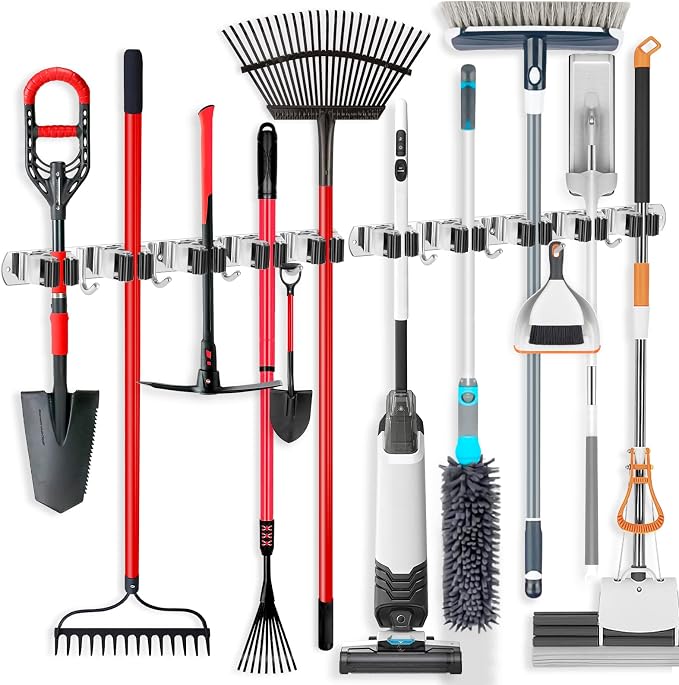 IMILLET 2 PACK Plastic Mop and Broom Holder and 2 PACK Stainless Steel Broom Holder