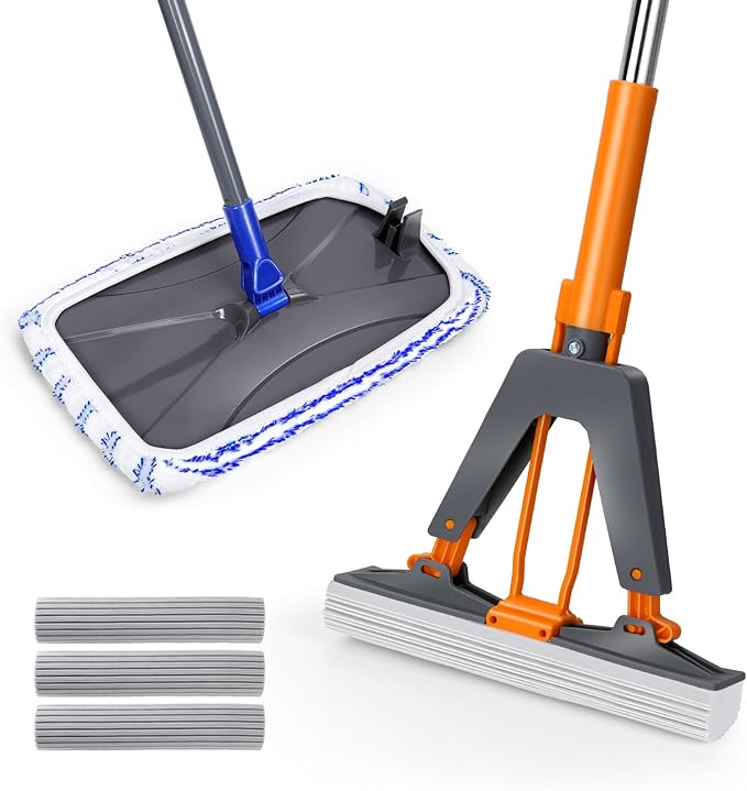 Masthome PVA Sponge Mop with 3 Absorbent Mop Refills & Extra Large Microfiber Mop for Floor Cleaning with 5 Pad for Hardwood Laminate Tile Ceramic, 1 Cleaning Scraper Included