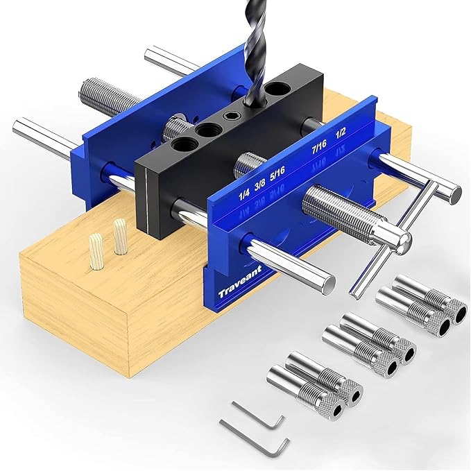 Self Centering Dowel Jig kit, Drill Guide Bushings Set, Wood Working Tools Drill and Accessories, Adjustable Width Drilling Guide Power Tool Accessory Jigs Tools for Men (Klein Blue, XL)