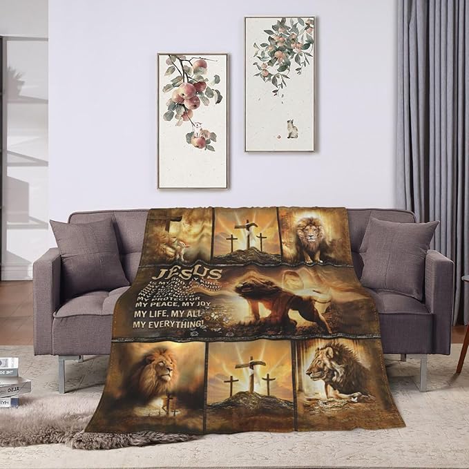 Christian Blanket for Men Christ Lion Jesus Religious Faith Throw Blanket Soft Cozy Warm Fuzzy Fleece Christian Bedroom Decor Blanket Gifts for Men Women Couch Sofa Bed 60"X50"