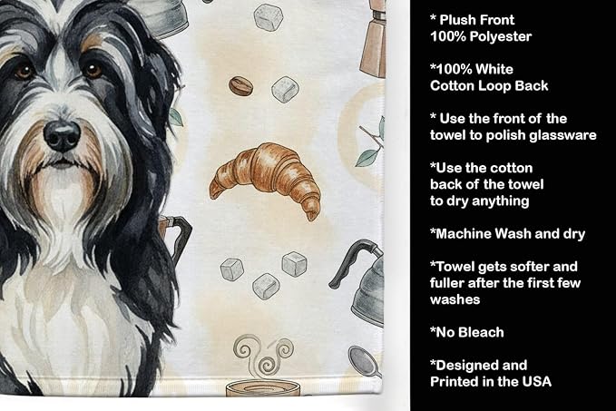 Caroline's Treasures Black Bearded Collie Coffee Bar Kitchen Towel Velour Plush Front and Cotton Loop Back Machine Washable