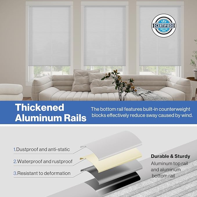 No Drill Cellular Shades, Light Gray 24" W x 48" H Cordless Light Filtering Pull Down Pleated Honeycomb Blind Thermal Insulated Easy Install for Indoor Window Bedroom Living Room Kitchen