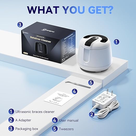 Ultrasonic Retainer Cleaner Machine 48kHz, Dental Cleaning Pod, Ultrasonic Retainer Cleaner for Dentures, Aligners, Mouth Guards, Toothbrush Heads and Jewelry with 200ML Capacity, LAB Supply