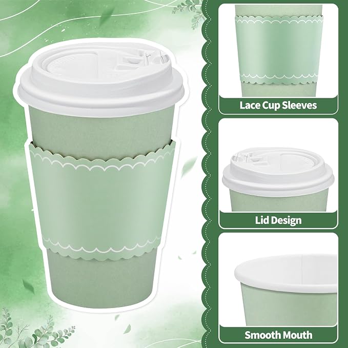 NatNarr 60 Pack Sage Green Coffee Cups with Lids Sleeves, 12oz Insulated To Go Paper Cups Sage Green Party Cups Disposable Paper Cups, Drinking Cups for Wedding Birthday Baby Shower Party Supplies