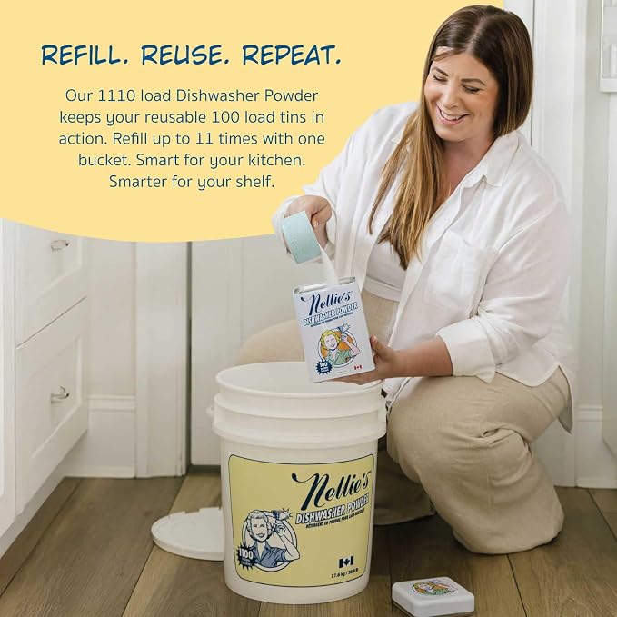 Nellie's Dishwasher Powder - Superior Grease Penetration, Powerful Plant-Based Formula, Safe for Septic Systems, Advanced Food Particle Dislodging, Eco-Conscious Cleaning - 1,100 Scoop Bulk Bucket