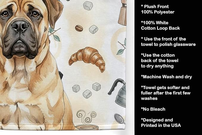 Caroline's Treasures Bullmastiff Coffee Bar Kitchen Towel Velour Plush Front and Cotton Loop Back Machine Washable