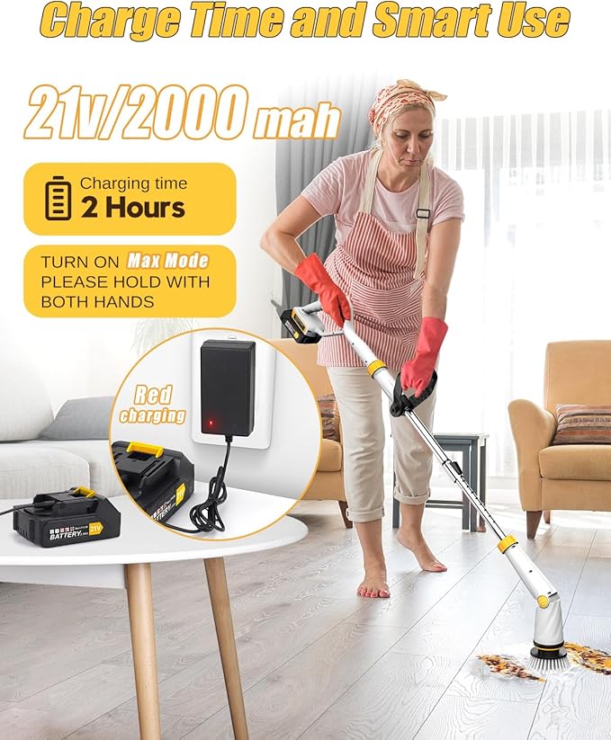 Qimedo Q2 Pro Electric Spin Scrubber, 1500 RPM High Power Cordless Shower Cleaner with Display & Effortless Handle, 16 Replacement Brush Heads Compatible with Qimedo, Leebein, Keimi, Alloyman, YKYI