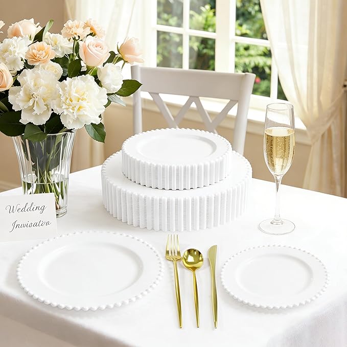 60PCS White Plastic Plates - Fancy Disposable Beaded Plates Include 30 Dinner Plate 10’’ & 30 Dessert Disposable Plate 7.5’’ for Birthday, Baby Shower Spring, Wedding & Party