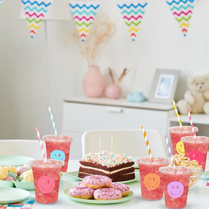Whaline 60 Pcs Smile Face Disposable Plastic Cups with Lids and Straws 12 oz Pastel Preppy Smile Pattern Cold Beverage Drinking Cup for First Birthday Baby Shower Wedding