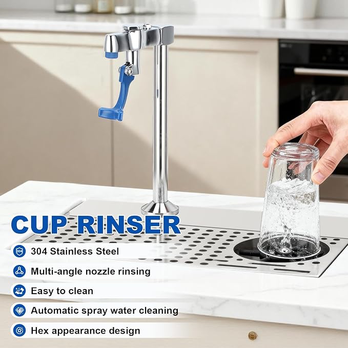 Topyond Glass Rinser, Commercial Stainless Steel Cup Washer with Multi-Angle Water Outlet, Pitcher Rinser for Bar, Restaurant, Cafe, Automatic Glass Cleaning, Push Type Faucet for Baristas