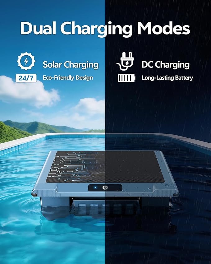 T1B Solar Powered Pool Skimmer Robot, Automatic Robotic Pool Surface Skimmer Cleaner with 24/7 Cleaning, Dual Charging Modes, Auto-Dock, Inground & Above-Ground Pools