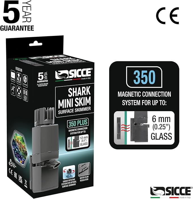 Sicce Shark MINI Aquarium Surface Skimmer 350 Plus up to 90 Gallon Aquariums | 90 GPH Flow Rate Efficient Debris Oil Film Removal Freshwater & Saltwater