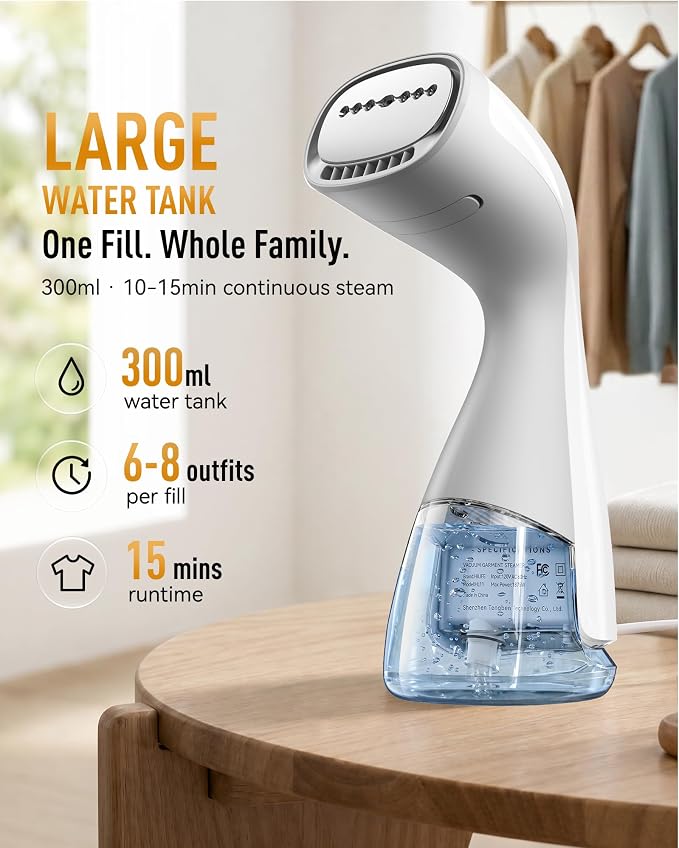 HiLIFE Vacuum Clothes Steamer, Handheld Garment Steamer with Suction, White | 3600Pa Fabric Grip, 1875W Power, 300ml Tank, Touch Steam Control, 25s Heat-Up, 9.18ft Cord,120V Only