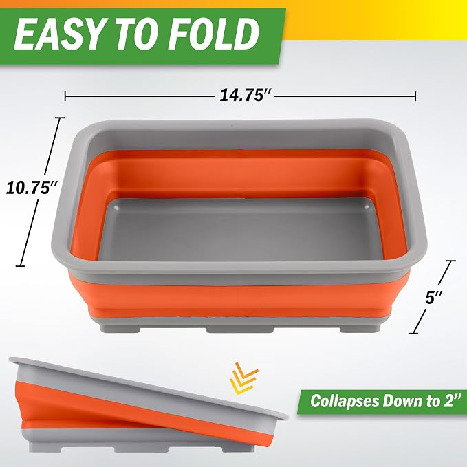 Set of 2 Multipurpose Wash Bins – 7.27-Liter Basins for Travel or Cleaning – Collapsible Bucket Camping Accessories by Wakeman (Orange)