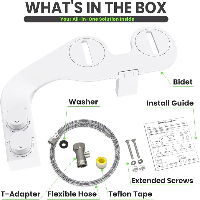 Toilet Bidet With Left/Right Side Reversible Design, Fresh Water, Non-Electric, Toilet Bidet Attachment, Right/Left Hand Side with Dual Nozzle, Self-Clean, Includes Extended Screws (White)