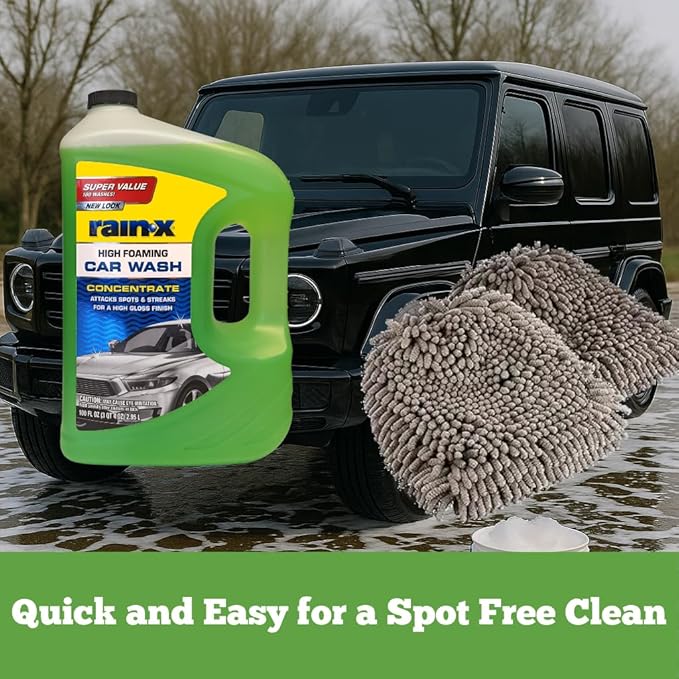 Rain-X 620191 Foaming Car Wash 100 fl oz with Amazon Basics Microfiber Car Wash Drying Mitts, 2 Pack (10.44" x 9.06")