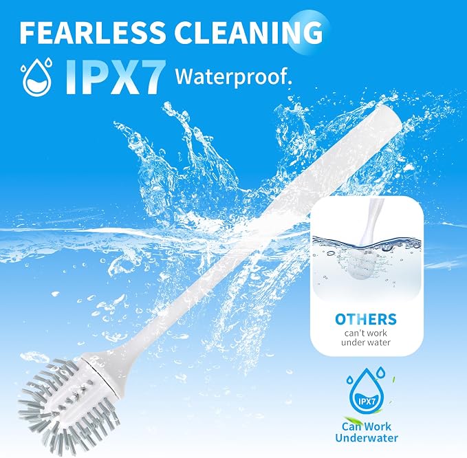 Electric Toilet Brush with Holder, Ultra Quiet & Powerful Scrubbing, IPX7 Waterproof Self-Cleaning Brush for Toilet/Bathtub/Grout, Cordless Spin Scrubber with 320RPM Turbo Power - White