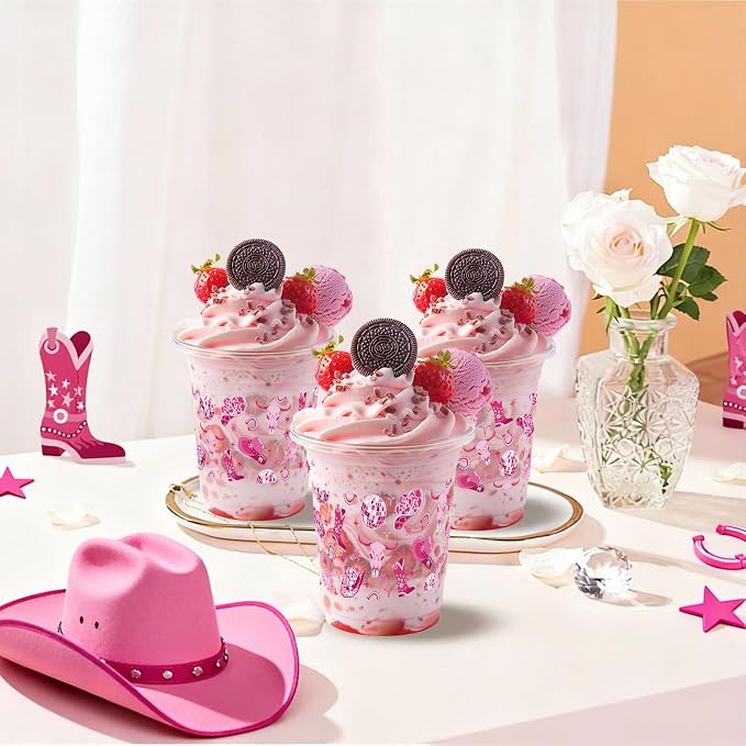 100 Pcs Pink Cowgirl Plastic Cups,16 oz Disco Western Cowgirl Clear Disposable Plastic Cups Drinking Cups for Cowgirl Birthday Baby Shower Lets Go Girls Party Supplies