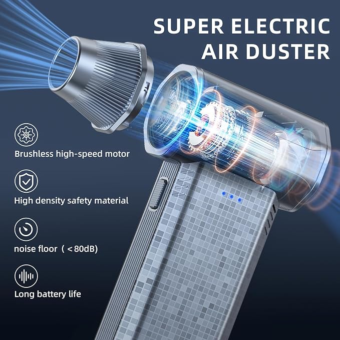 Cordless Compressed Air Duster, 150000RPM Super Power Electric Air Duster, 3-Gear Adjustable Mini Air Blower for Computer, Keyboard, Outdoor, House and Car Cleaning (Silvery)