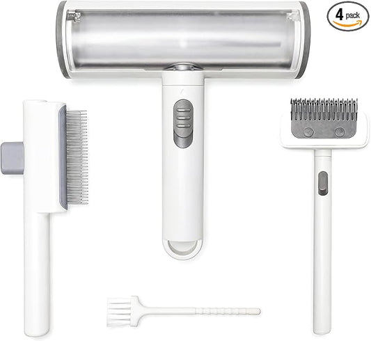 4-in-1 Pet Hair Remover Set - Cat & Dog Deshedding & Dematting Tool - Reusable Lint Roller for Couch, Carpet, Clothes, Bed & Car - Undercoat Grooming Comb, Shedding Brush & Dog Hair Rake