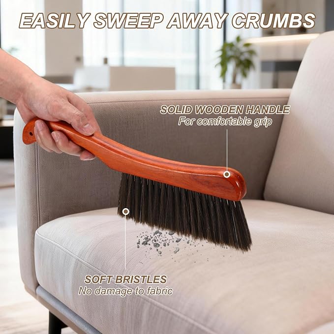 HARFINGTON 2 PCS Hand Broom Brush 11" Soft Bristles Dusting Brush Cleaning Duster with Curved Handle and Three Rows of Bristles for Car Bed Counter Sofa Furniture Clothes, Brown