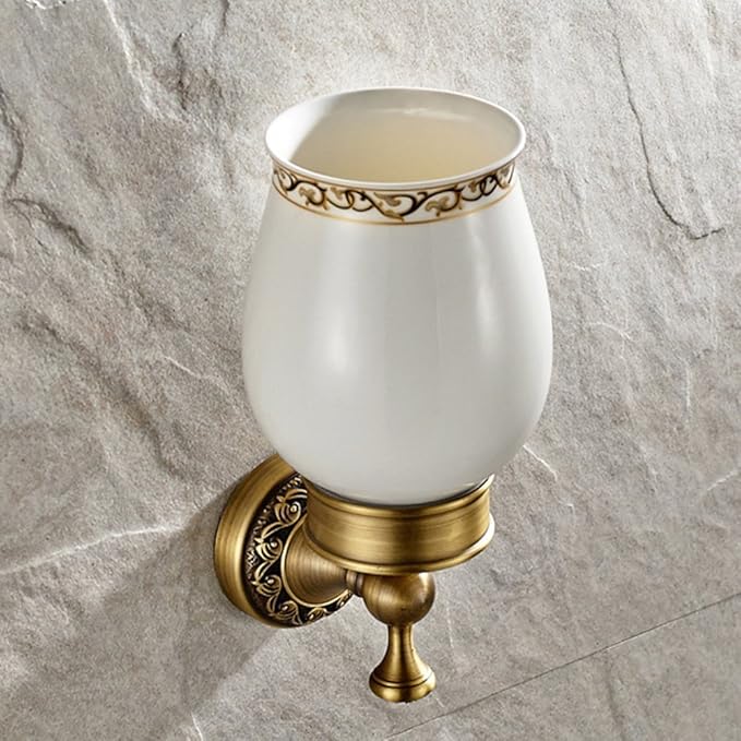 Leyden Antique Brass Toilet Brush Holder, Retro Toilet Brush Organizer with Ceramic Cup