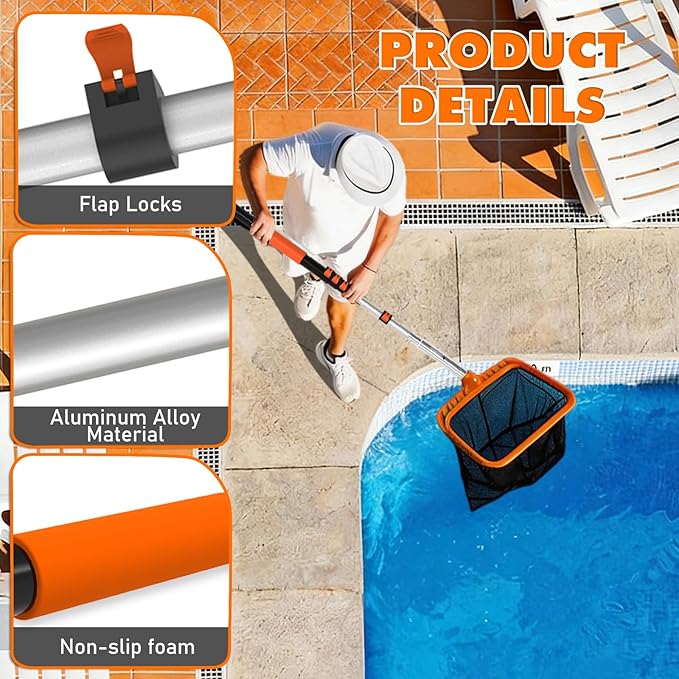 LAANPOLE Telescopic Pool Pole, 16ft Heavy Duty Swimming Pool Pole, Adjustable Pool Cleaning Pole for Skimmer Nets, Vacuum Heads and Brushes