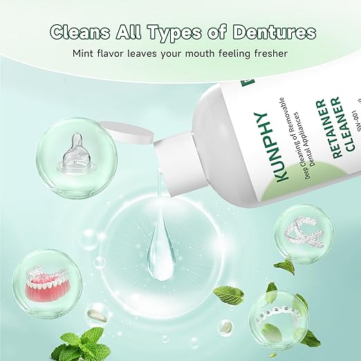 KUNPHY Ultrasonic Retainer Cleaner Solution Concentrate-Professional Cleaning of Retainers, Denture, Invisible Aligners, Mouth Guards, Night Guards, Remove Odors, Discoloration & Stains 1.8 oz(Mint)