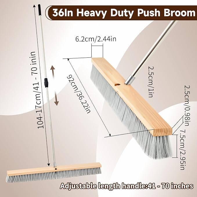 Maxdot 1 Pcs 36" Push Broom with Stainless Steel Telescopic Handle, Polypropylene Bristles, Heavy Duty Outdoor Indoor Push Large Broom with Handle for Smooth Surface Home and Garage Sweeping