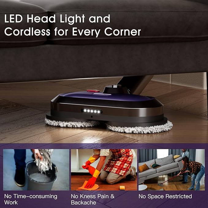 VMAI Electric Mop with Detachable Battery & 300ml Water Tank, Spin Mop with LED Headlight and Sprayer, for Hardwood, Tile, Laminate Floor, <50dB Working Noise