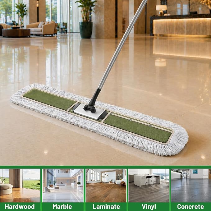 36" Commercial Dust Mop for Janitor: Wide Dust Broom Heavy Duty Industrial Floor Duster with 2 Large Pads for Hardwood Concrete Dry Floor Cleaning Gym Warehouse Sweeping