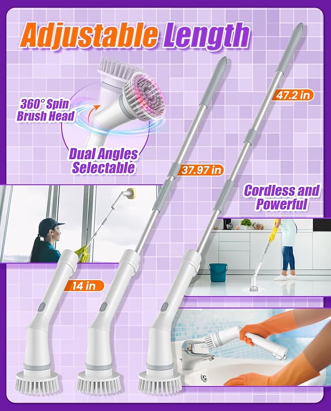 6-in-1 Electric Spin Scrubber, Cordless Power Scrubber with 47.2" Long Extendable Handle, 2-Speed Scrub Brush with Cleaning Scouring Pads, IPX7 Waterproof for Tile & Floor Cleaning, White-qb2